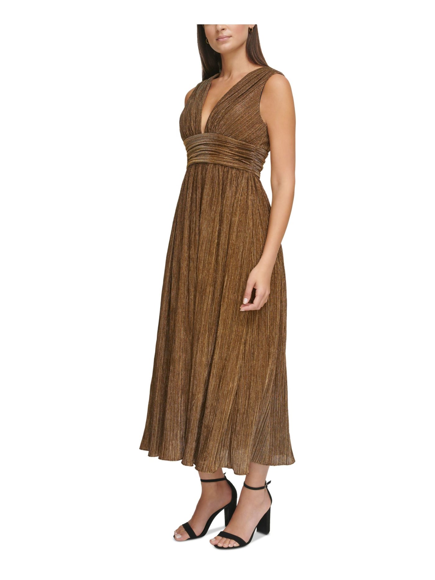 GUESS Womens Gold Pleated Zippered Lined Gathered Metallic Sleeveless V Neck Maxi Cocktail Empire Waist Dress 6