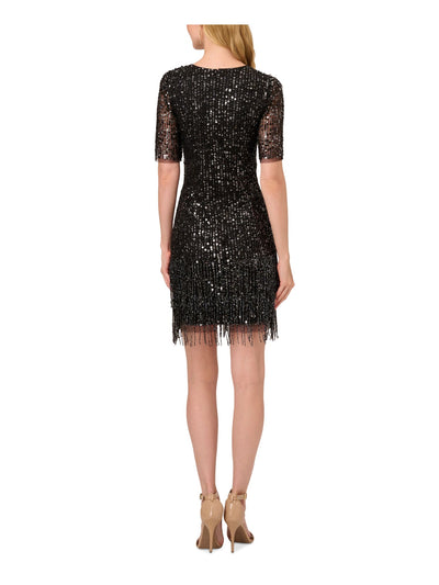 ADRIANNA PAPELL Womens Black Zippered Lined Beaded Fringe Hem Elbow Sleeve Crew Neck Above The Knee Cocktail Sheath Dress 2