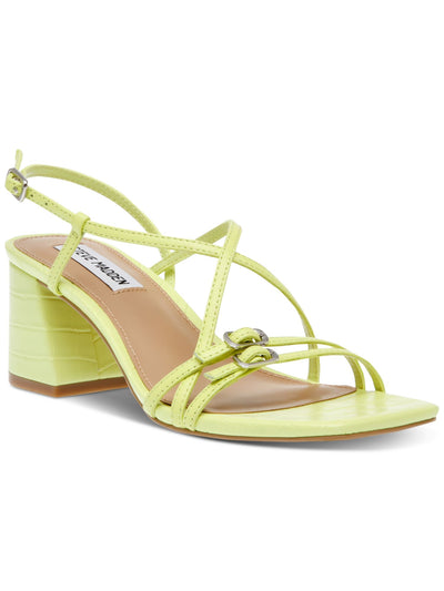 STEVE MADDEN Womens Green Solid Croc Buckle Accent Straps Asymmetrical Padded Strappy Arline Square Toe Flare Buckle Leather Dress Slingback Sandal 10 M
