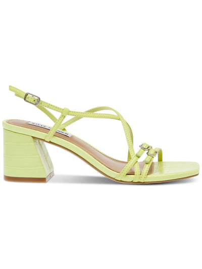 STEVE MADDEN Womens Green Solid Croc Buckle Accent Straps Asymmetrical Padded Strappy Arline Square Toe Flare Buckle Leather Dress Slingback Sandal 10 M