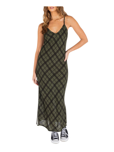 HURLEY Womens Green Slitted Adjustable Pull-on Plaid Spaghetti Strap V Neck Maxi Shift Dress Juniors XS