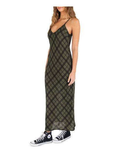 HURLEY Womens Green Slitted Adjustable Pull-on Plaid Spaghetti Strap V Neck Maxi Shift Dress Juniors XS