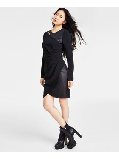 DKNY Womens Black Zippered Cut Out Glazed Jersey Pleated Long Sleeve Crew Neck Short Cocktail Sheath Dress 10