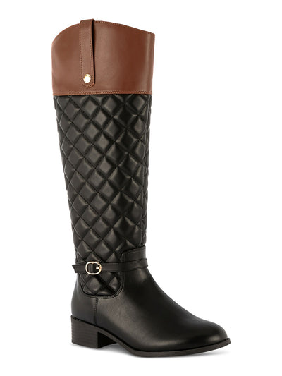 KAREN SCOTT Womens Black Mixed Media Padded Side Pull-Tab Quilted Buckle Accent Stancee Round Toe Block Heel Zip-Up Riding Boot 6 M