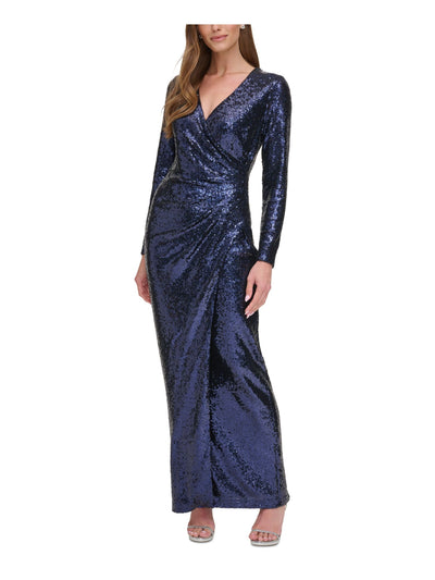 DKNY Womens Navy Ruched Zippered Lined Long Sleeve V Neck Full-Length Formal Faux Wrap Dress 2