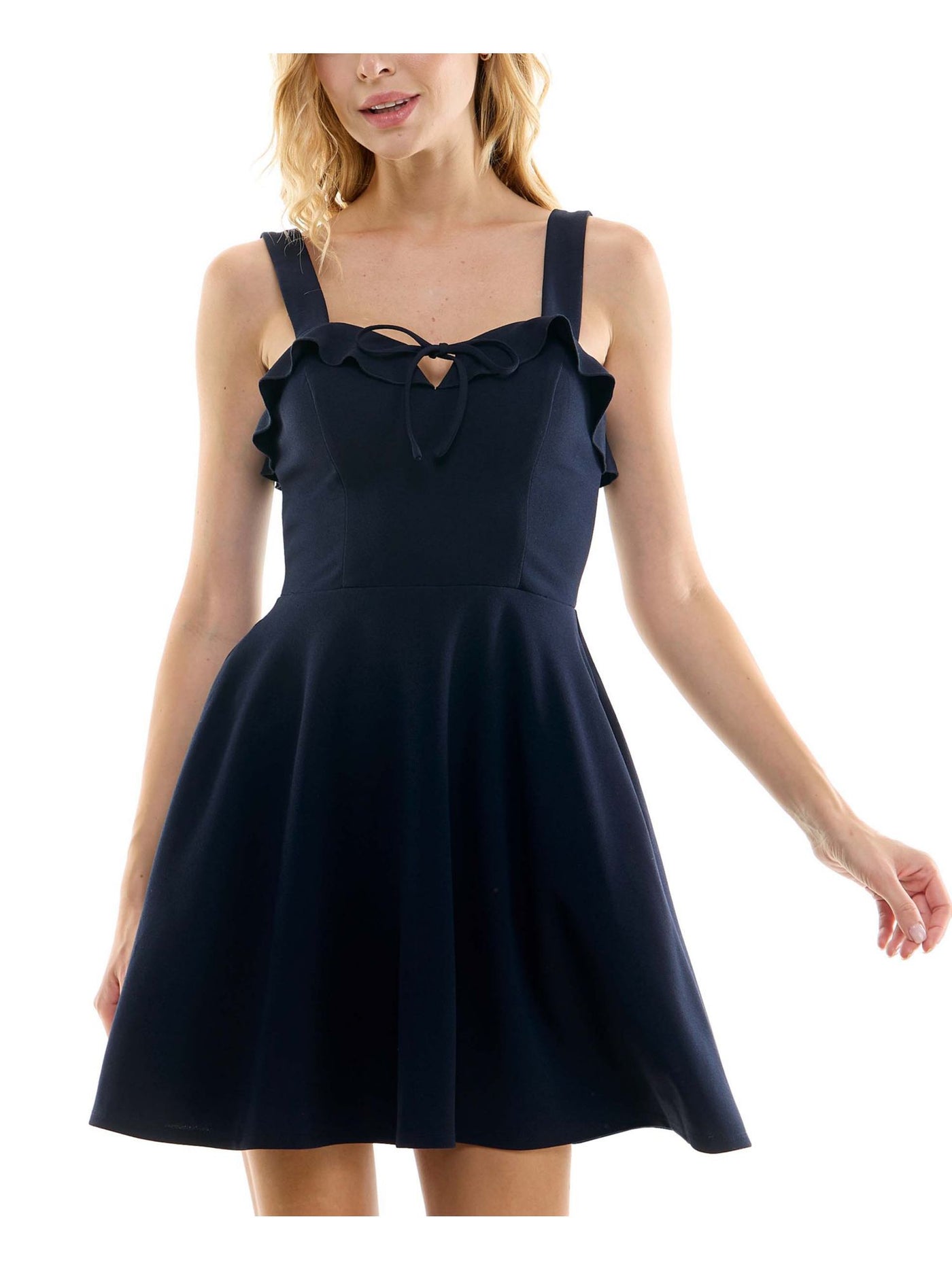 CITY STUDIO Womens Navy Cut Out Tie Ruffled Trim Zippered Pocketed Sleeveless Sweetheart Neckline Short Party Fit + Flare Dress Juniors 3