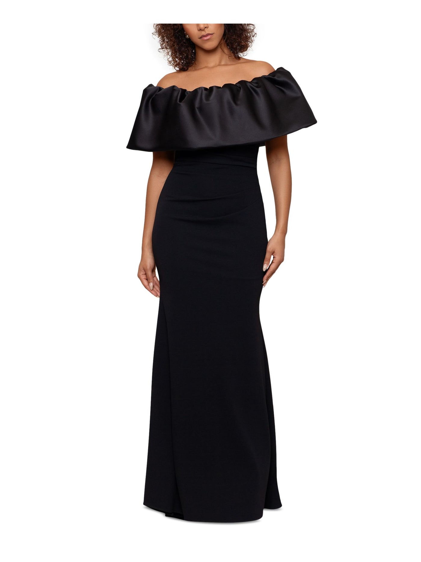 BETSY & ADAM Womens Black Ruched Zippered Ruffled Lined Flutter Sleeve Off Shoulder Full-Length Formal Gown Dress 8