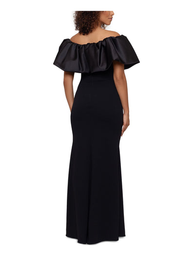 BETSY & ADAM Womens Black Ruched Zippered Ruffled Lined Flutter Sleeve Off Shoulder Full-Length Formal Gown Dress 8