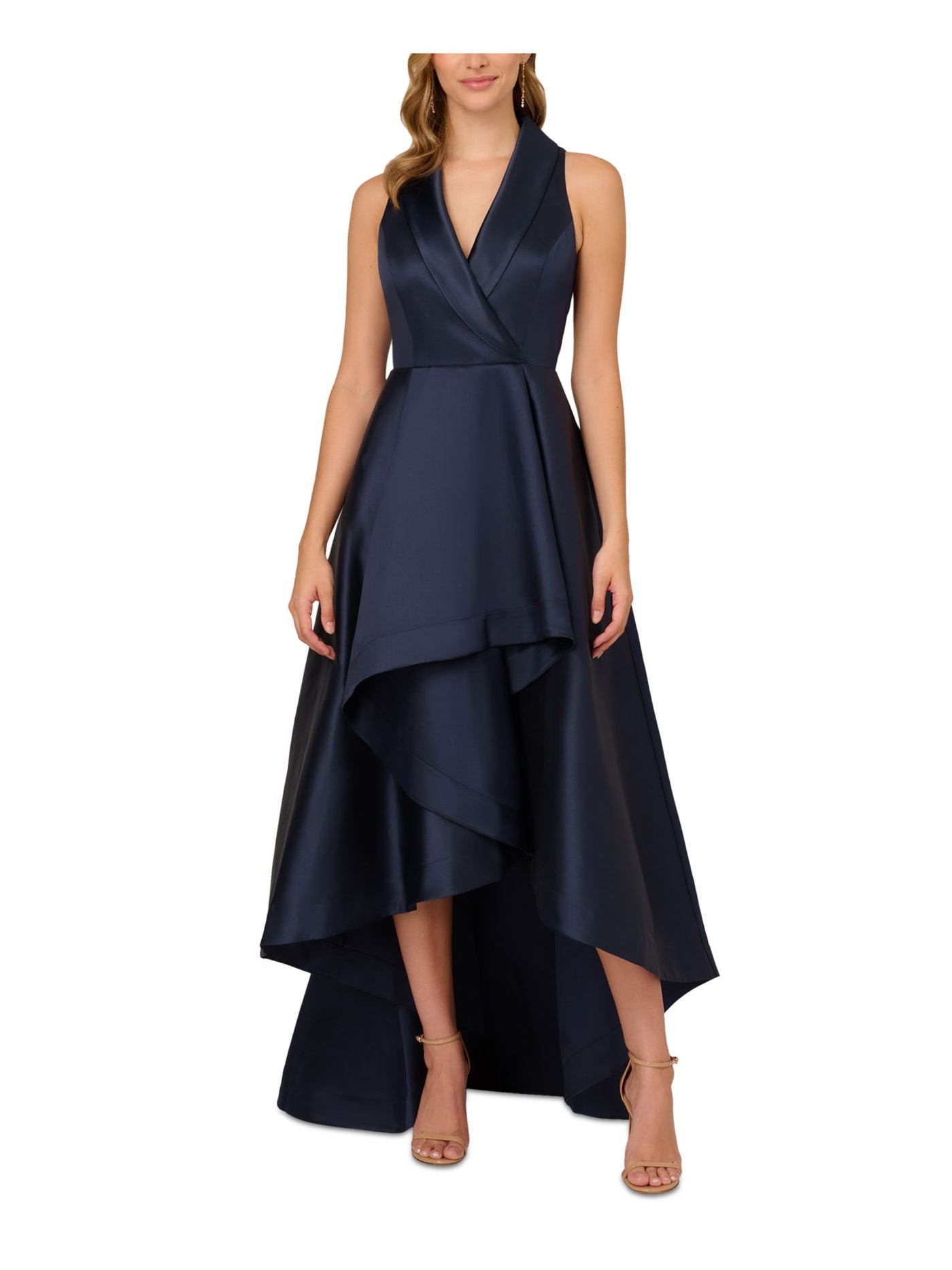 ADRIANNA PAPELL Womens Navy Zippered Lined Gathered Collared Sleeveless Surplice Neckline Full-Length Formal Gown Dress 8