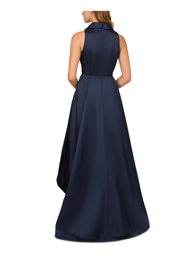 ADRIANNA PAPELL Womens Navy Zippered Lined Gathered Collared Sleeveless Surplice Neckline Full-Length Formal Gown Dress 8