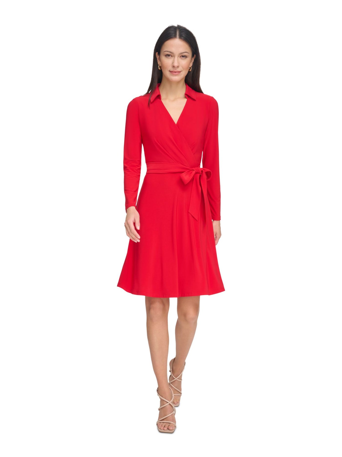 DKNY Womens Red Pleated Zippered Self-tie Belt Long Sleeve Point Collar Above The Knee Wear To Work Faux Wrap Dress 6