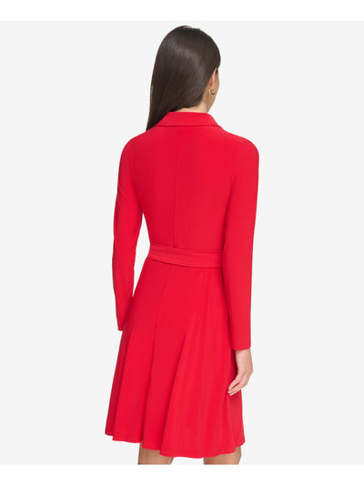 DKNY Womens Red Pleated Zippered Self-tie Belt Long Sleeve Point Collar Above The Knee Wear To Work Faux Wrap Dress 6