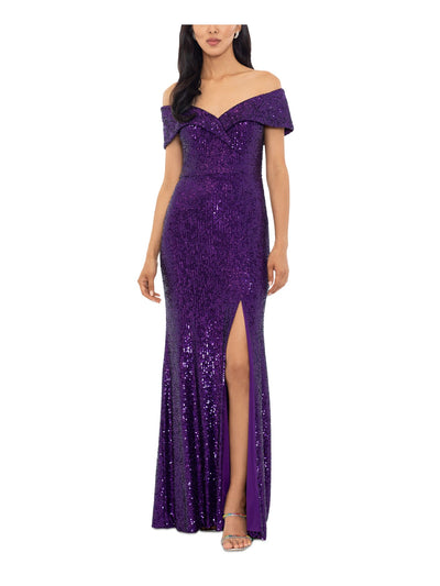 XSCAPE Womens Purple Sequined Slitted Zippered Padded Crossover Accent Short Sleeve Off Shoulder Full-Length Formal Gown Dress 8