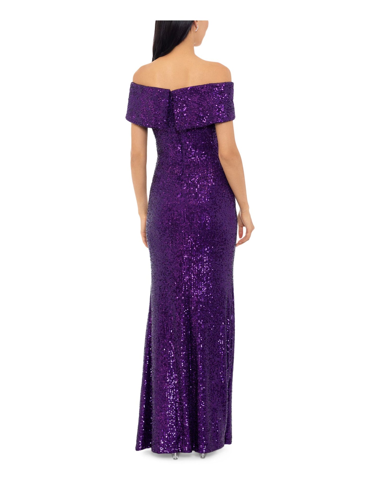 XSCAPE Womens Purple Sequined Slitted Zippered Padded Crossover Accent Short Sleeve Off Shoulder Full-Length Formal Gown Dress 6