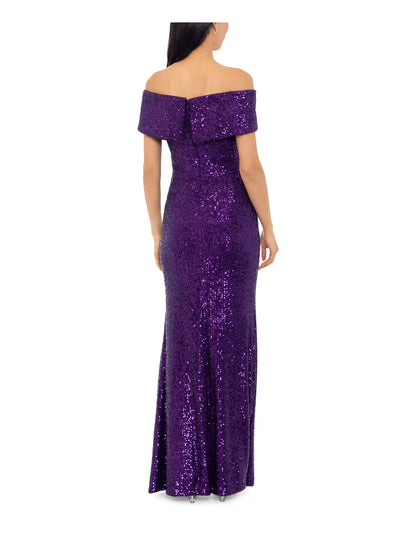 XSCAPE Womens Purple Sequined Slitted Zippered Padded Crossover Accent Short Sleeve Off Shoulder Full-Length Formal Gown Dress 8