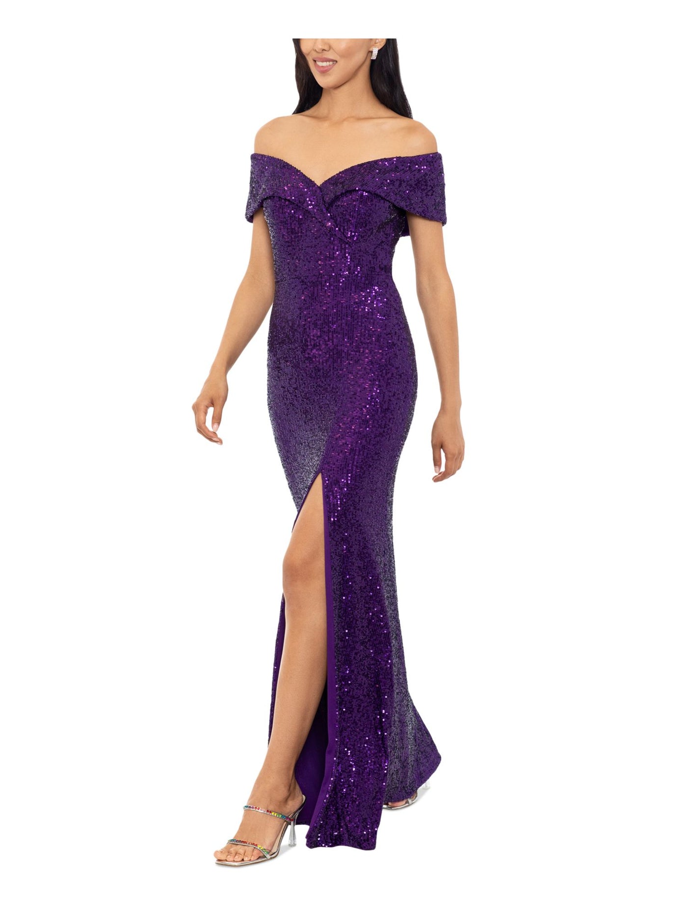 XSCAPE Womens Purple Sequined Slitted Zippered Padded Crossover Accent Short Sleeve Off Shoulder Full-Length Formal Gown Dress 8