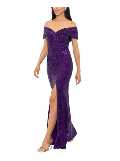 XSCAPE Womens Purple Sequined Slitted Zippered Padded Crossover Accent Short Sleeve Off Shoulder Full-Length Formal Gown Dress 8