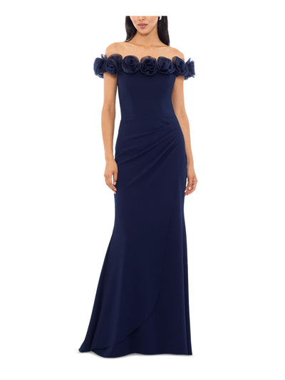 XSCAPE Womens Navy Pleated Zippered Rosette Trim Lined Short Sleeve Off Shoulder Full-Length Evening Fit + Flare Dress 6