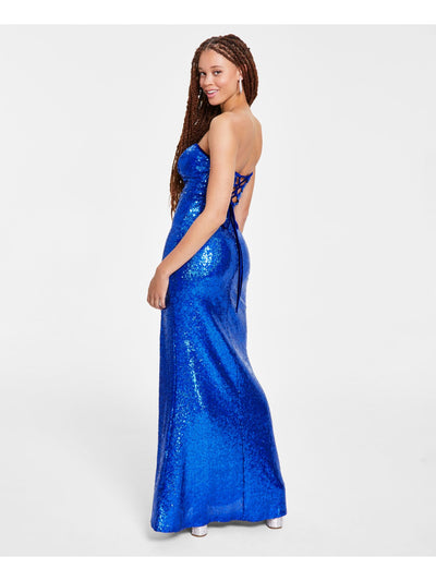 EMERALD SUNDAE Womens Blue Zippered Slitted Wired V-notch Lace-up Back Lined Sleeveless Strapless Full-Length Prom Gown Dress Juniors XL