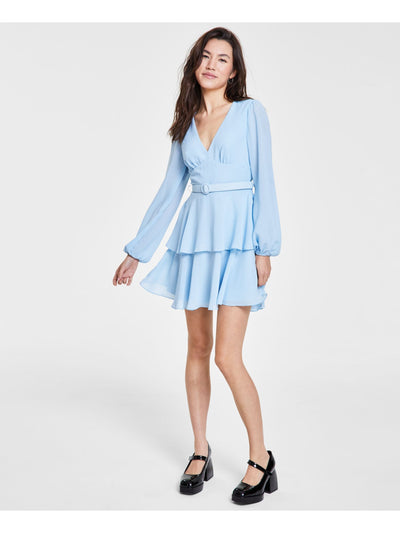 CITY STUDIO Womens Light Blue Zippered Belted Back Keyhole Ruffled Balloon Sleeve V Neck Short Party Fit + Flare Dress Juniors 5\6