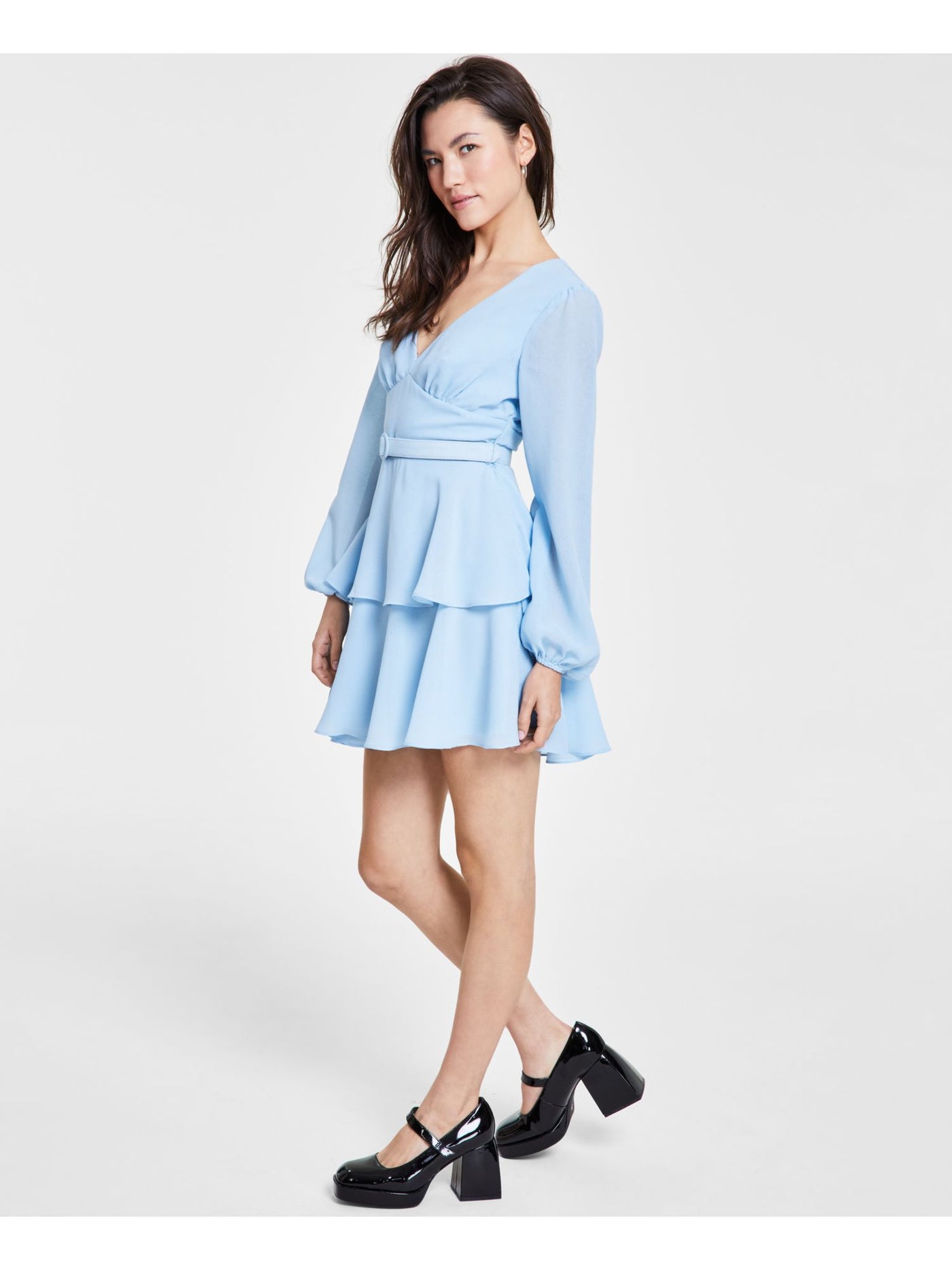 CITY STUDIO Womens Light Blue Zippered Belted Back Keyhole Ruffled Balloon Sleeve V Neck Short Party Fit + Flare Dress Juniors 5\6