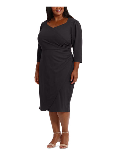 LONDON TIMES WOMAN Womens Black Ruched Zippered 3/4 Sleeve Sweetheart Neckline Midi Wear To Work Sheath Dress Plus 22W