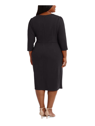 LONDON TIMES WOMAN Womens Black Ruched Zippered 3/4 Sleeve Sweetheart Neckline Midi Wear To Work Sheath Dress Plus 22W