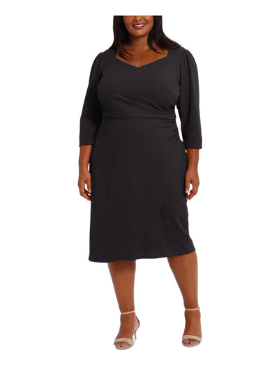 LONDON TIMES WOMAN Womens Black Ruched Zippered 3/4 Sleeve Sweetheart Neckline Midi Wear To Work Sheath Dress Plus 22W