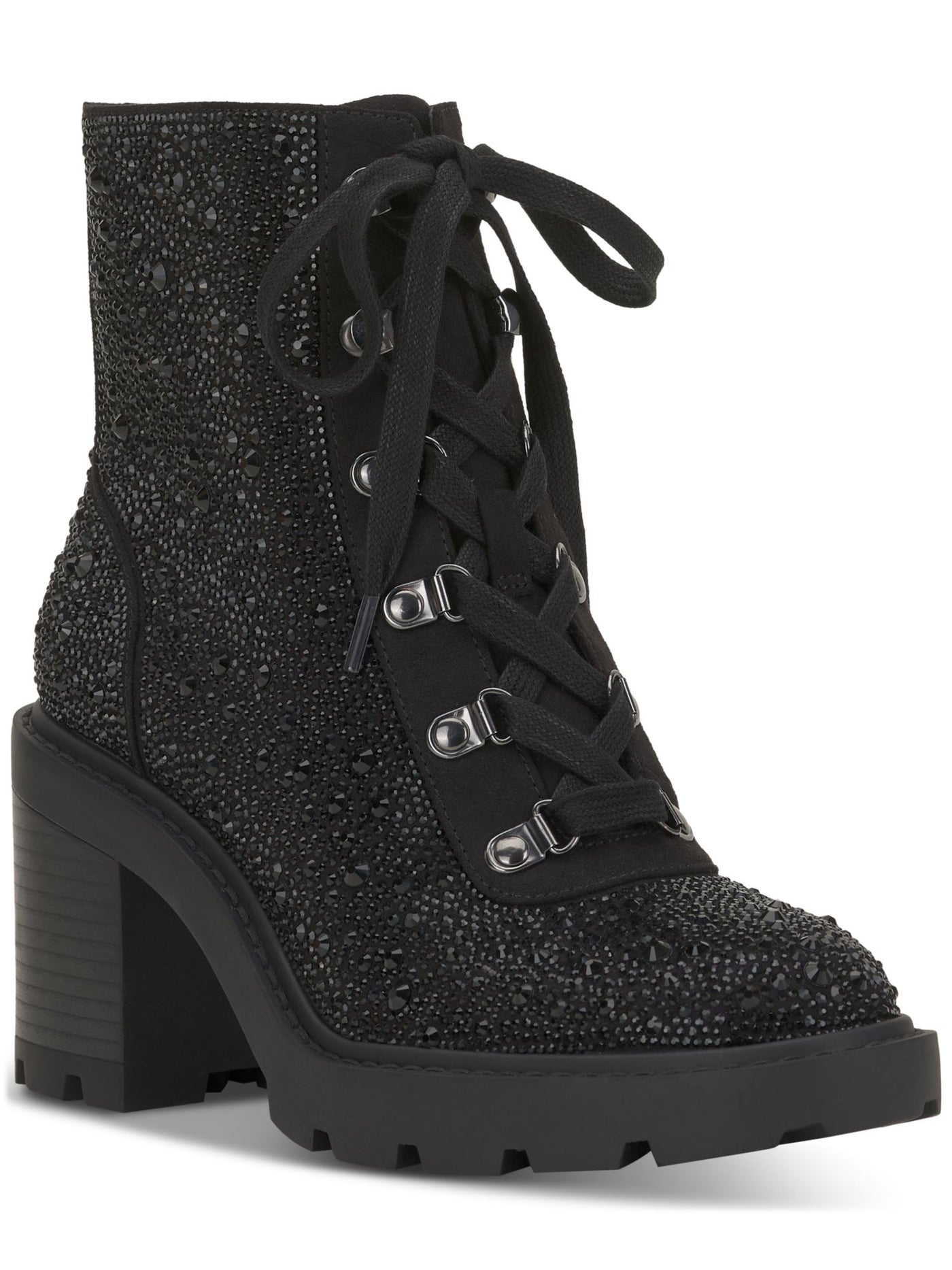 INC Womens Black Lace Up Treaded Lug Sole Rhinestone Shada Round Toe Zip-Up Booties 7 M