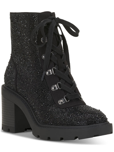 INC Womens Black Lace Up Treaded Lug Sole Rhinestone Shada Round Toe Zip-Up Booties 7 M