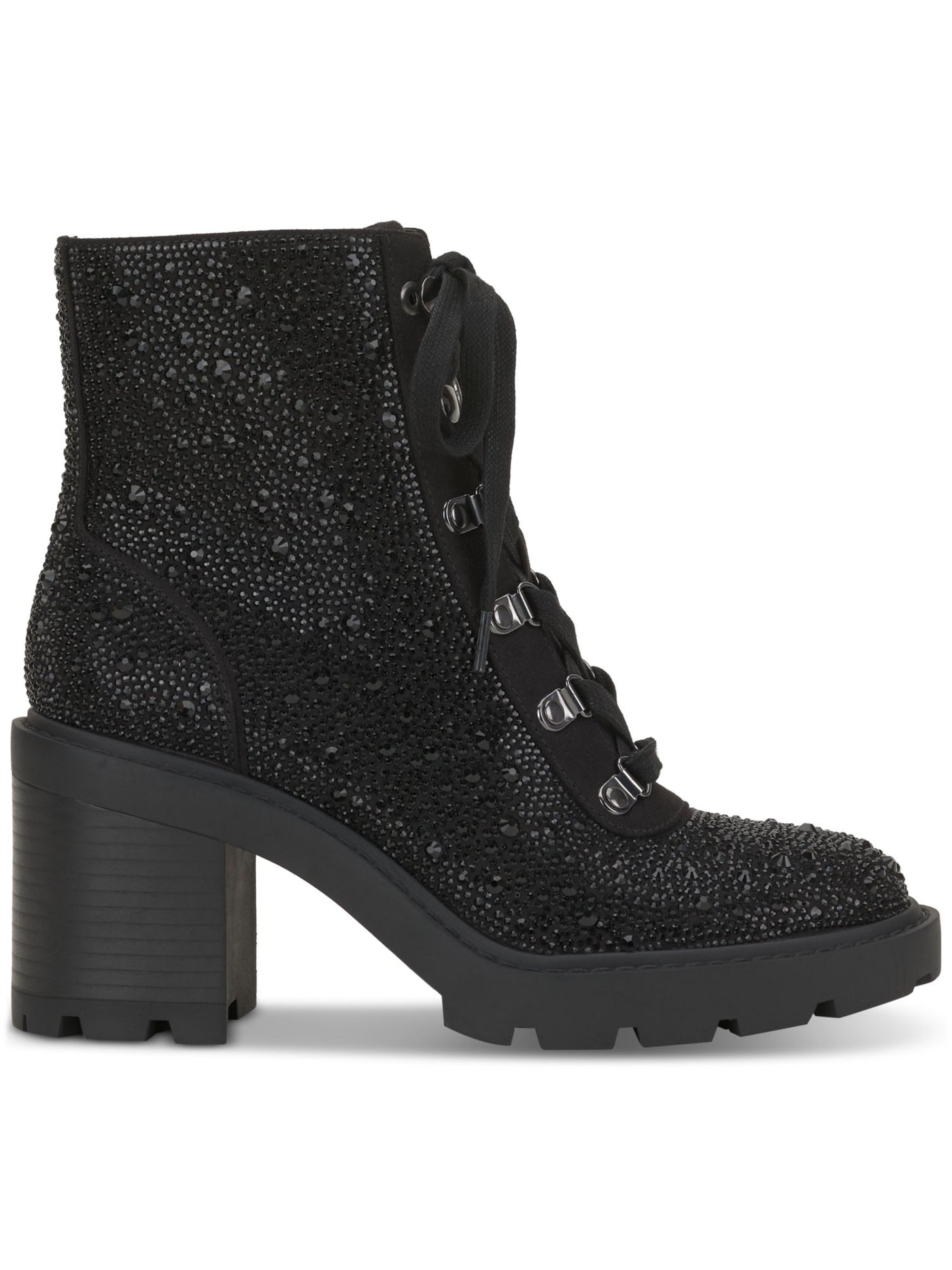 INC Womens Black Lace Up Treaded Lug Sole Rhinestone Shada Round Toe Zip-Up Booties 7 M