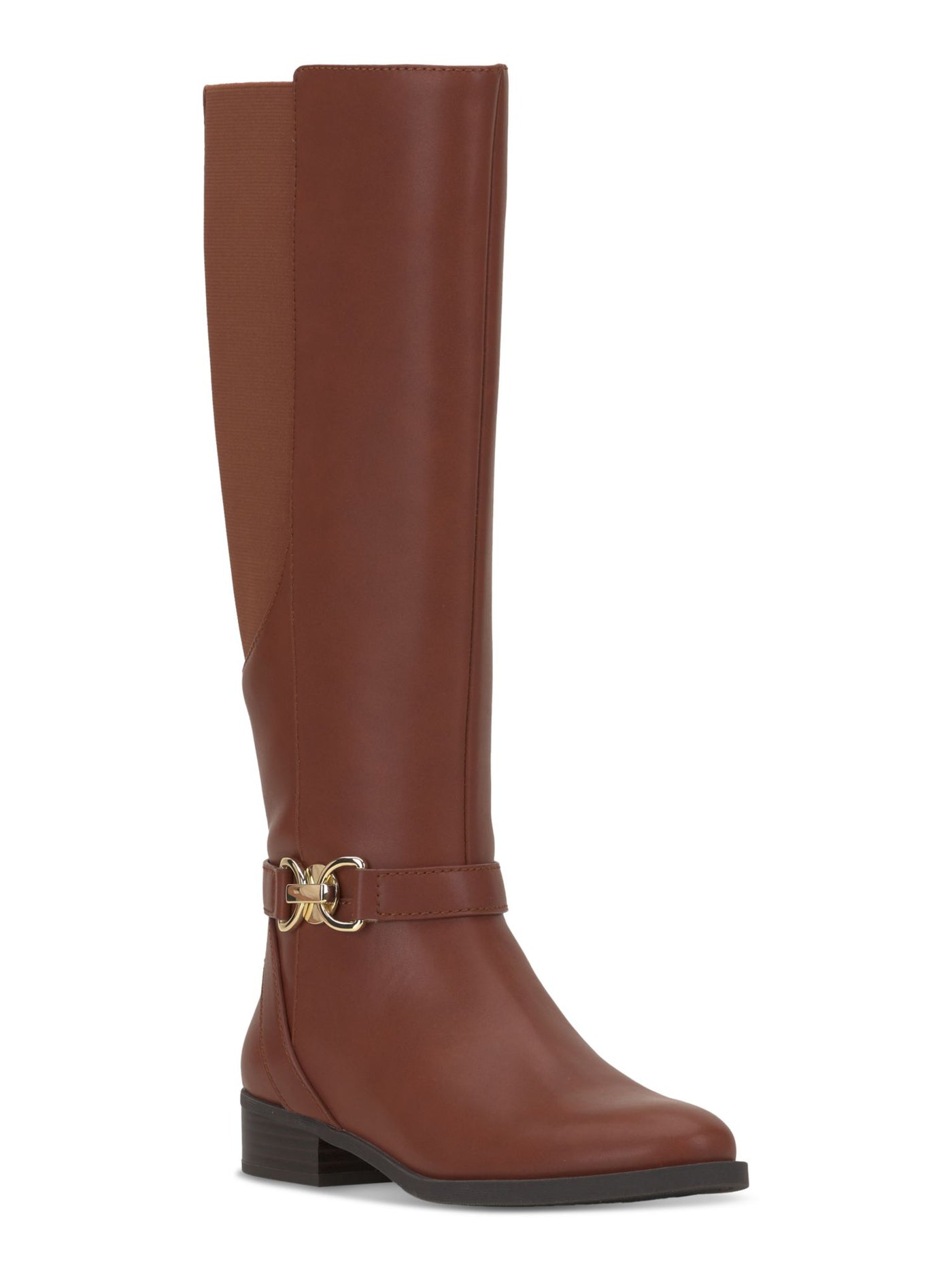 INC Womens Brown Buckled Straps Goring Padded Faron Round Toe Block Heel Zip-Up Riding Boot 8 M