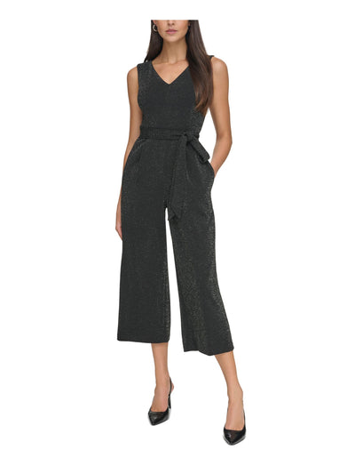 CALVIN KLEIN Womens Black Zippered Pocketed Pleated Tie-belt Cropped Sleeveless V Neck Wear To Work Straight leg Jumpsuit 2