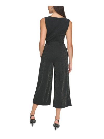 CALVIN KLEIN Womens Black Zippered Pocketed Pleated Tie-belt Cropped Sleeveless V Neck Wear To Work Straight leg Jumpsuit 2