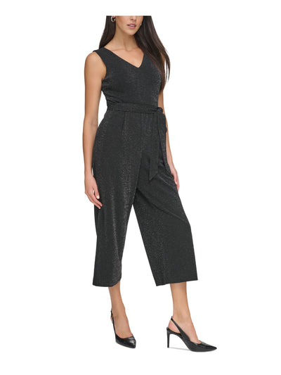 CALVIN KLEIN Womens Black Zippered Pocketed Pleated Tie-belt Cropped Sleeveless V Neck Wear To Work Straight leg Jumpsuit 2