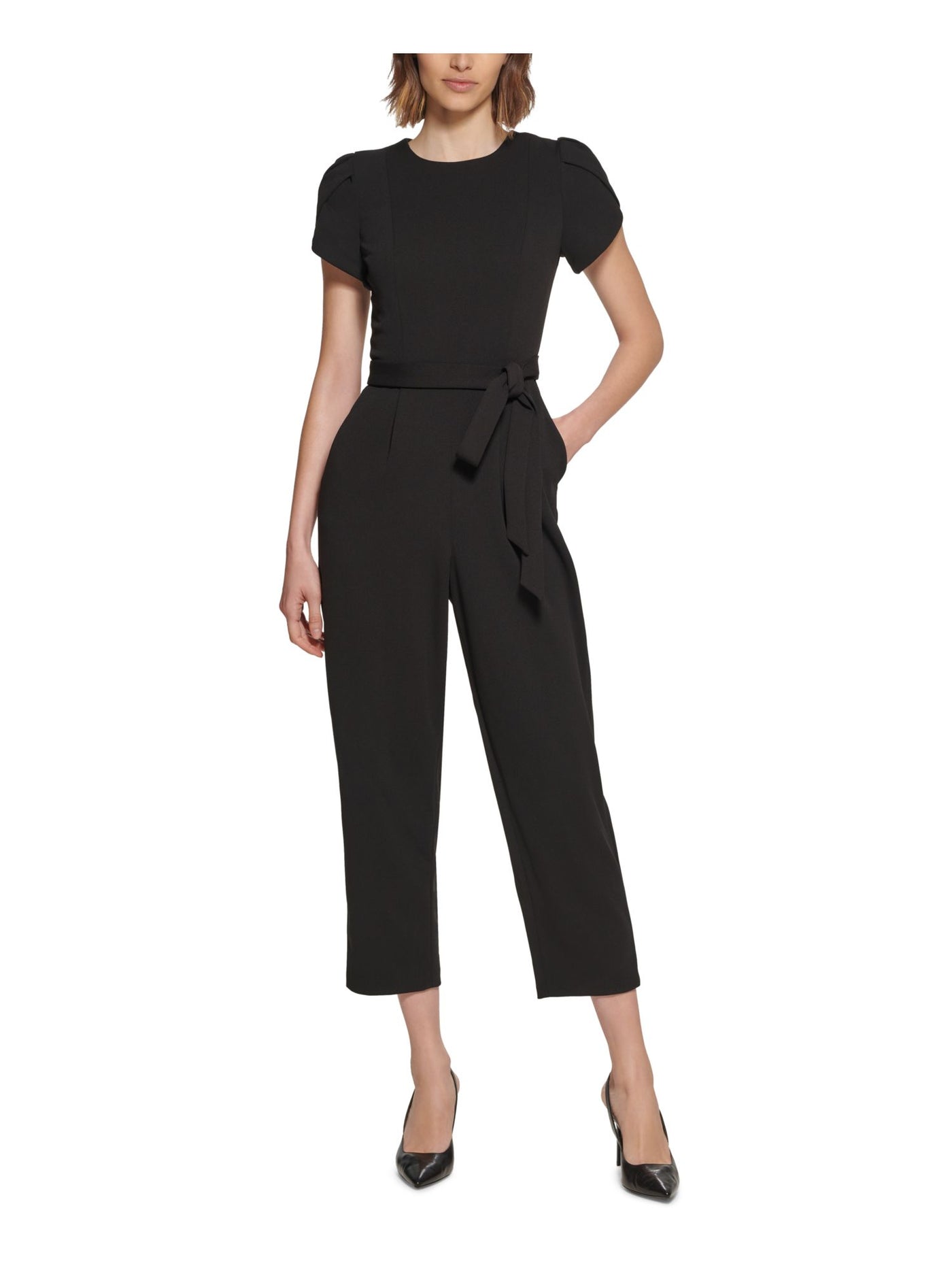 CALVIN KLEIN Womens Black Zippered Pocketed Tie-belt Tapered Leg Tulip Sleeve Round Neck Wear To Work Capri Jumpsuit Petites 0P