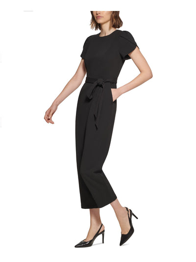 CALVIN KLEIN Womens Black Zippered Pocketed Tie-belt Tapered Leg Tulip Sleeve Round Neck Wear To Work Capri Jumpsuit Petites 0P