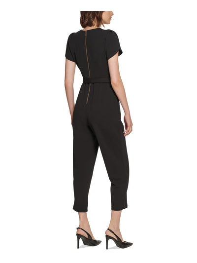 CALVIN KLEIN Womens Black Zippered Pocketed Tie-belt Tapered Leg Tulip Sleeve Round Neck Wear To Work Capri Jumpsuit Petites 0P