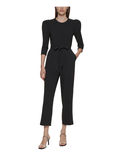 CALVIN KLEIN Womens Black Zippered Pocketed Tie-belt Pouf Sleeve Jewel Neck Wear To Work Cropped Jumpsuit 2