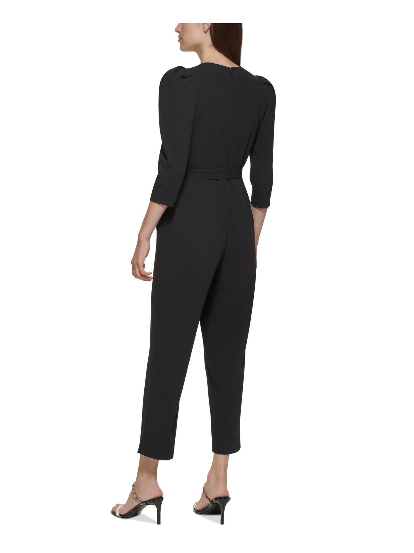 CALVIN KLEIN Womens Black Zippered Pocketed Tie-belt Pouf Sleeve Jewel Neck Wear To Work Cropped Jumpsuit 2