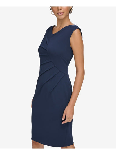 CALVIN KLEIN Womens Navy Zippered Pleated Unlined Vented Cap Sleeve V Neck Above The Knee Evening Sheath Dress 14