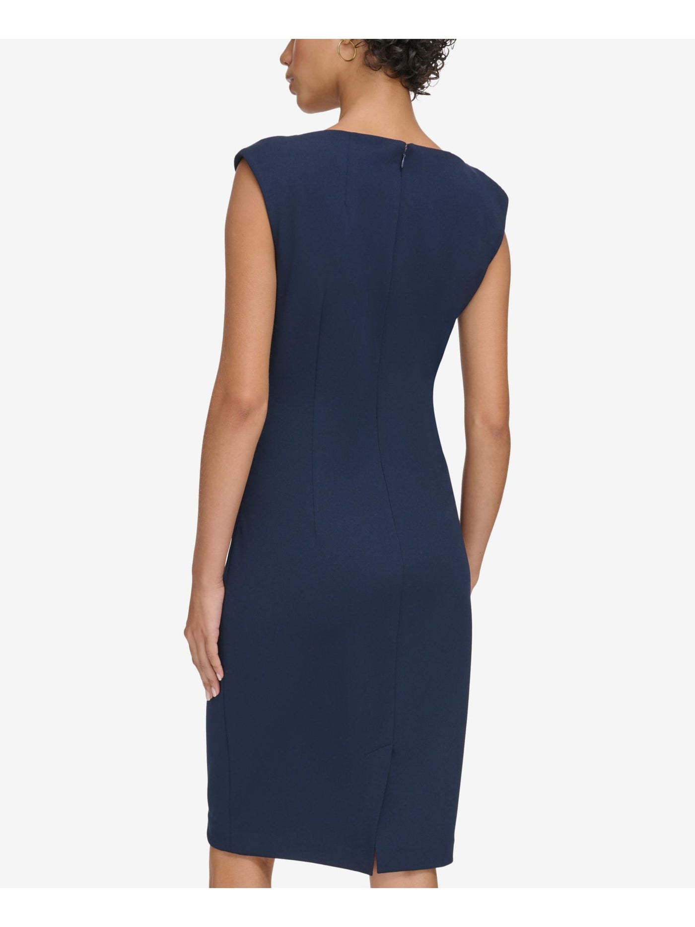 CALVIN KLEIN Womens Navy Zippered Pleated Unlined Vented Cap Sleeve V Neck Above The Knee Evening Sheath Dress 14