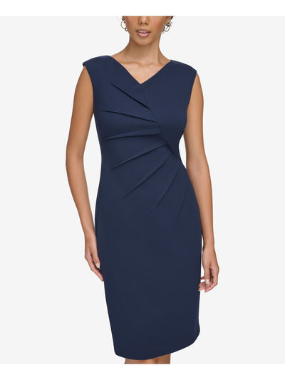 CALVIN KLEIN Womens Navy Zippered Pleated Unlined Vented Cap Sleeve V Neck Above The Knee Evening Sheath Dress 14