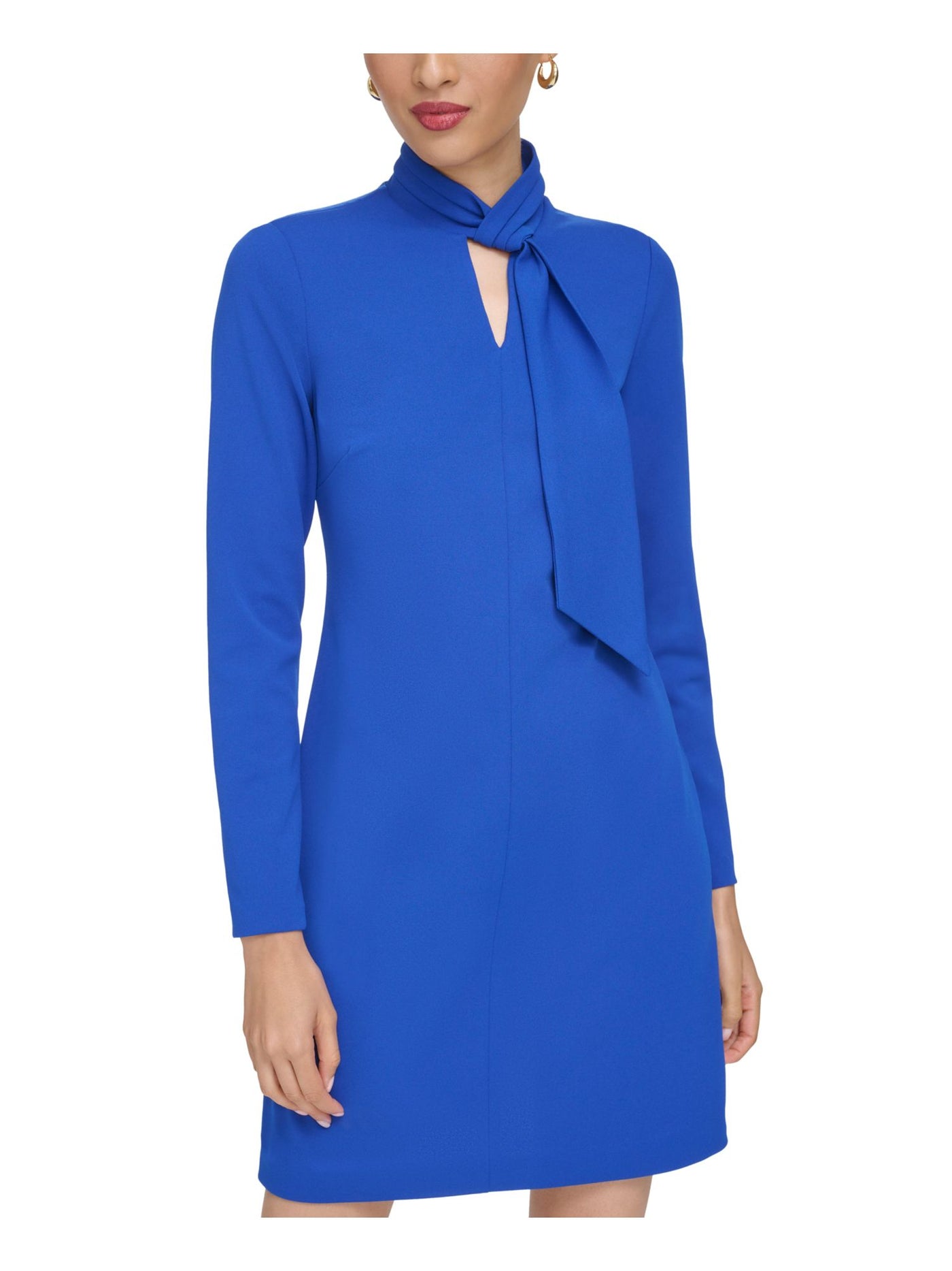 CALVIN KLEIN Womens Blue Pleated Lined Faux-tie Neck Long Sleeve Keyhole Above The Knee Party Shift Dress 14