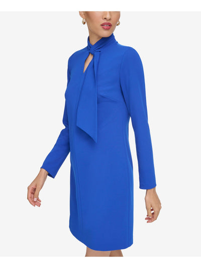 CALVIN KLEIN Womens Blue Pleated Lined Faux-tie Neck Long Sleeve Keyhole Above The Knee Party Shift Dress 14