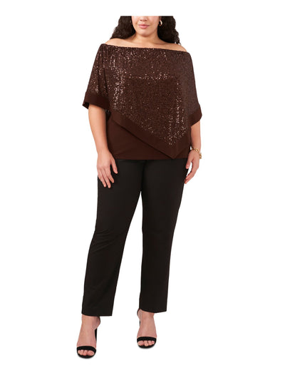 MSK WOMEN Womens Brown Sequined Cape Elastic Topline Sleeveless Off Shoulder Party Blouse Plus 3X