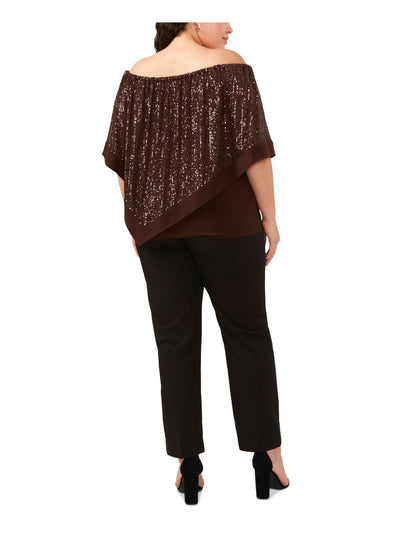 MSK WOMEN Womens Brown Sequined Cape Elastic Topline Sleeveless Off Shoulder Party Blouse Plus 3X