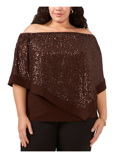 MSK WOMEN Womens Brown Sequined Cape Elastic Topline Sleeveless Off Shoulder Party Blouse Plus 3X