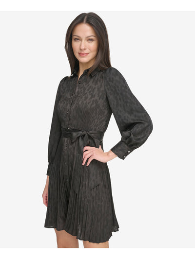 DKNY Womens Black Belted Pleated Button Down Printed Cuffed Sleeve Collared Short Cocktail Shirt Dress 12