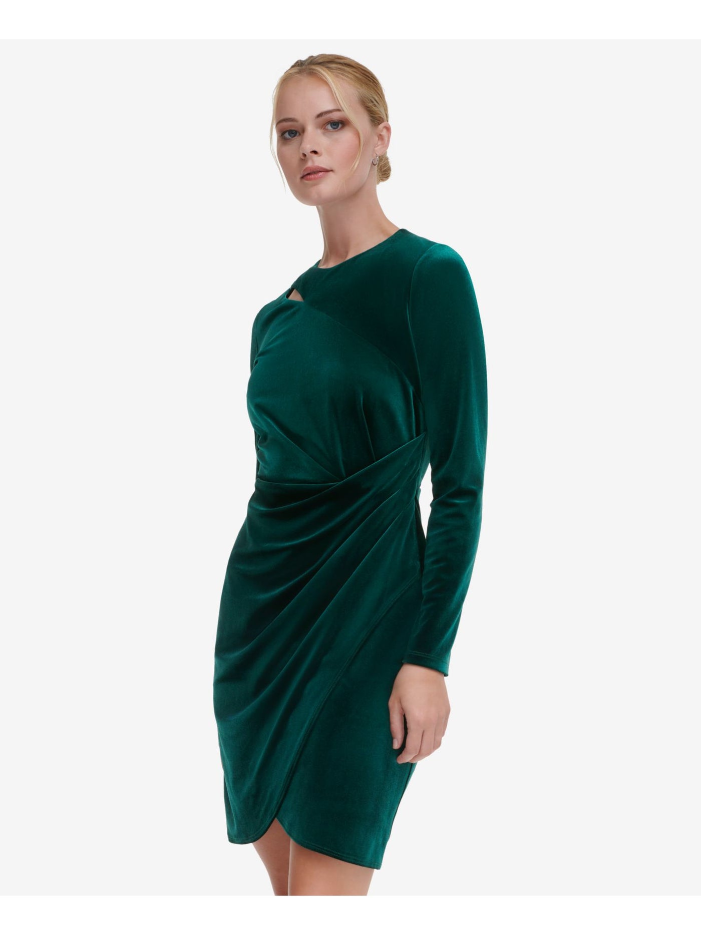 DKNY Womens Green Ruched Zippered Tulip Hem Long Sleeve Jewel Neck Above The Knee Party Sheath Dress 14